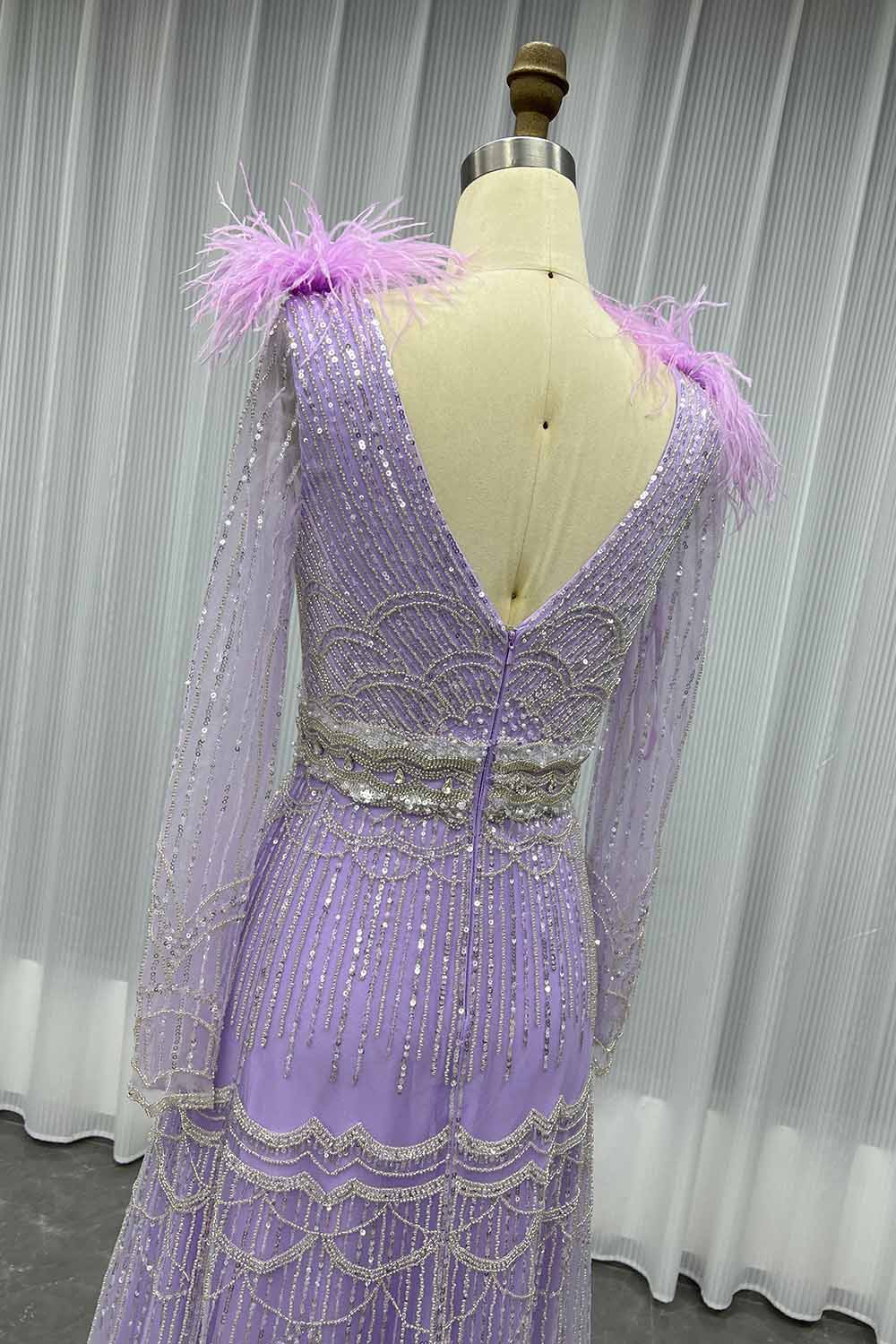 YQLNNE 17007 Muslim Feathers Evening Dress Long Sleeve Women Party Gown