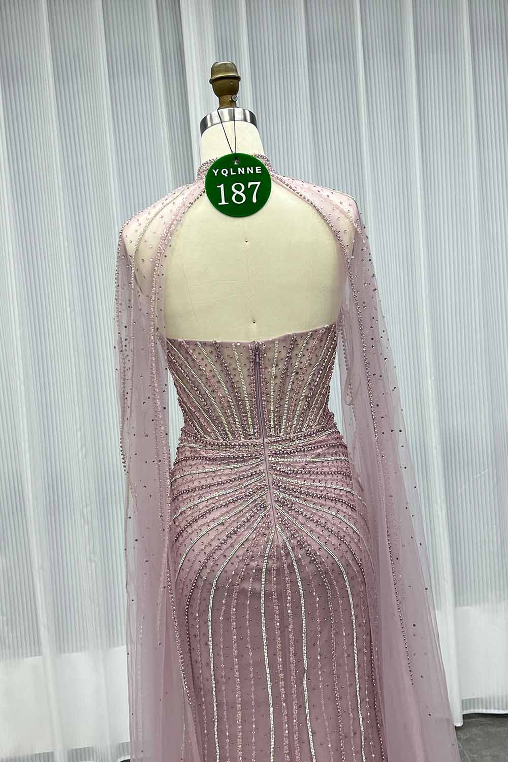 YQLNNE 0187 Pink Crystals Evening Dress With Removable Shawl