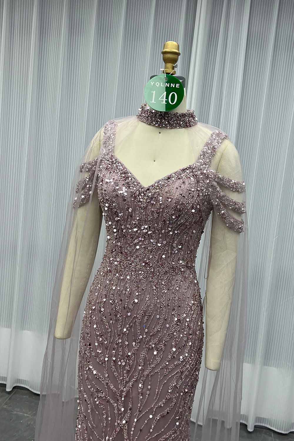 YQLNNE 0140 Nude Off Shoulder Crystals Beaded Evening Dress With Removable Shawl
