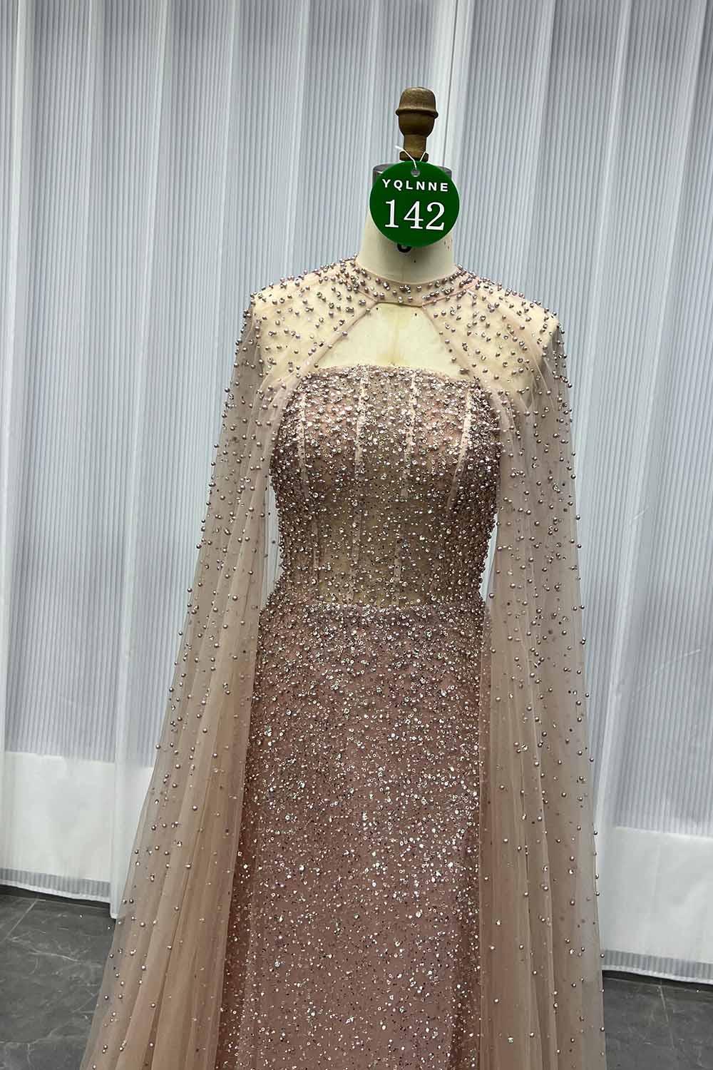 YQLNNE 0142 Rose Gold Ball Gown Evening Dress With Removable Cape Handmade Crystals Beaded