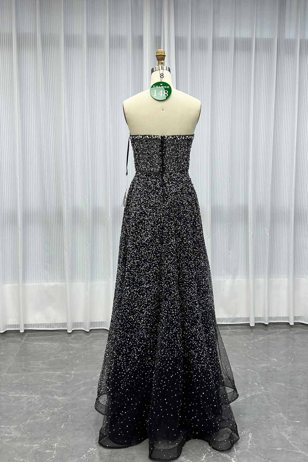 YQLNNE 0148 Black Glitter Crystals Long Prom Dress Aline