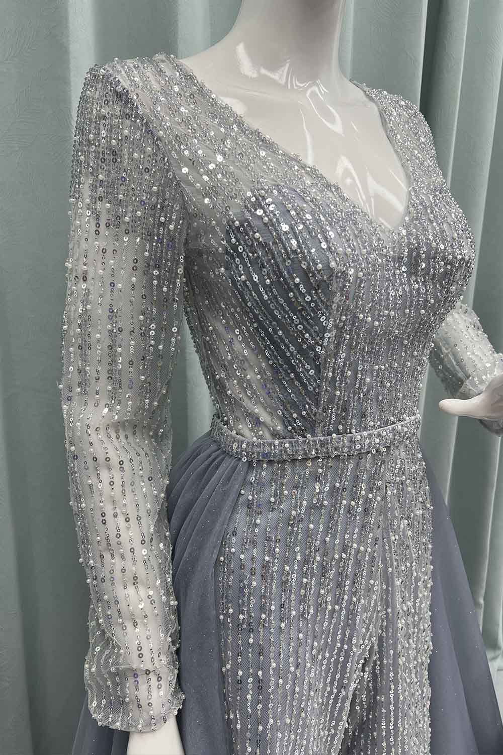 Black Full Sleeves Jumpsuit Beading Evening Party Gown With Removable Train