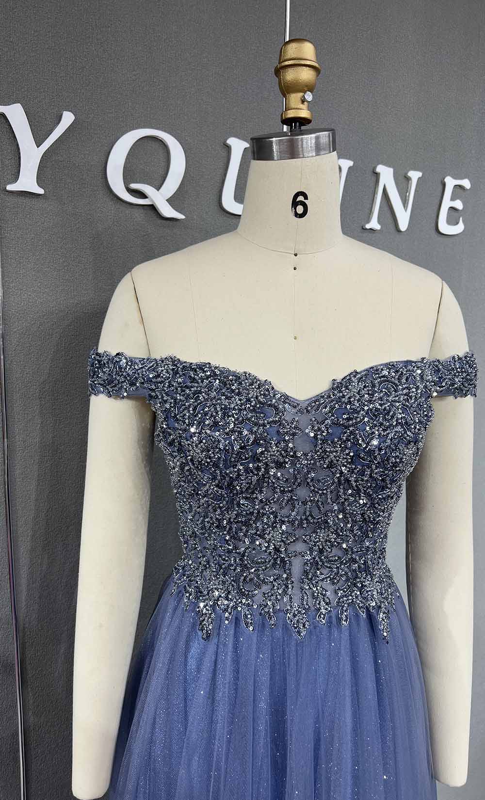 YQLNNE 101 Navy Blue Beading Long Prom Dress Off the Shoulder Party Gown
