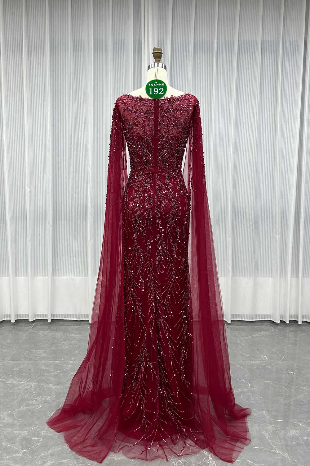 YQLNNE 0192 Burgundy Handmade Crystals Beaded Evening Dress With Long Cape Sleeves