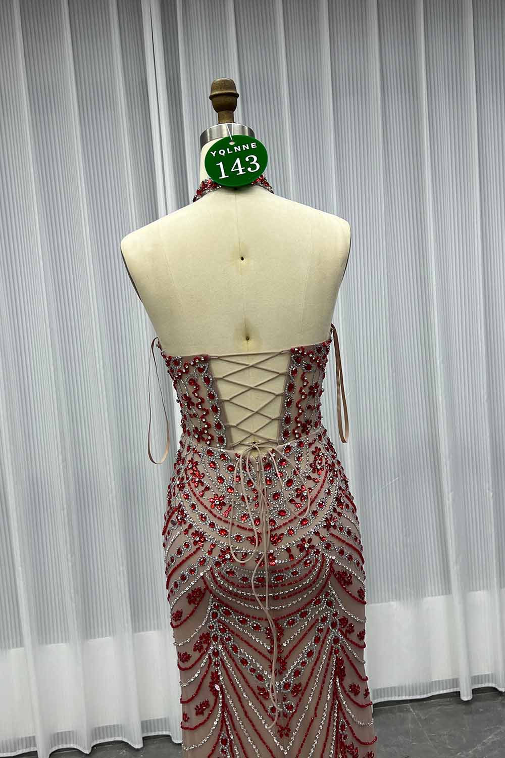 YQLNNE 0143 Red Crystals Beaded Evening Dress Halter Lace-up Back