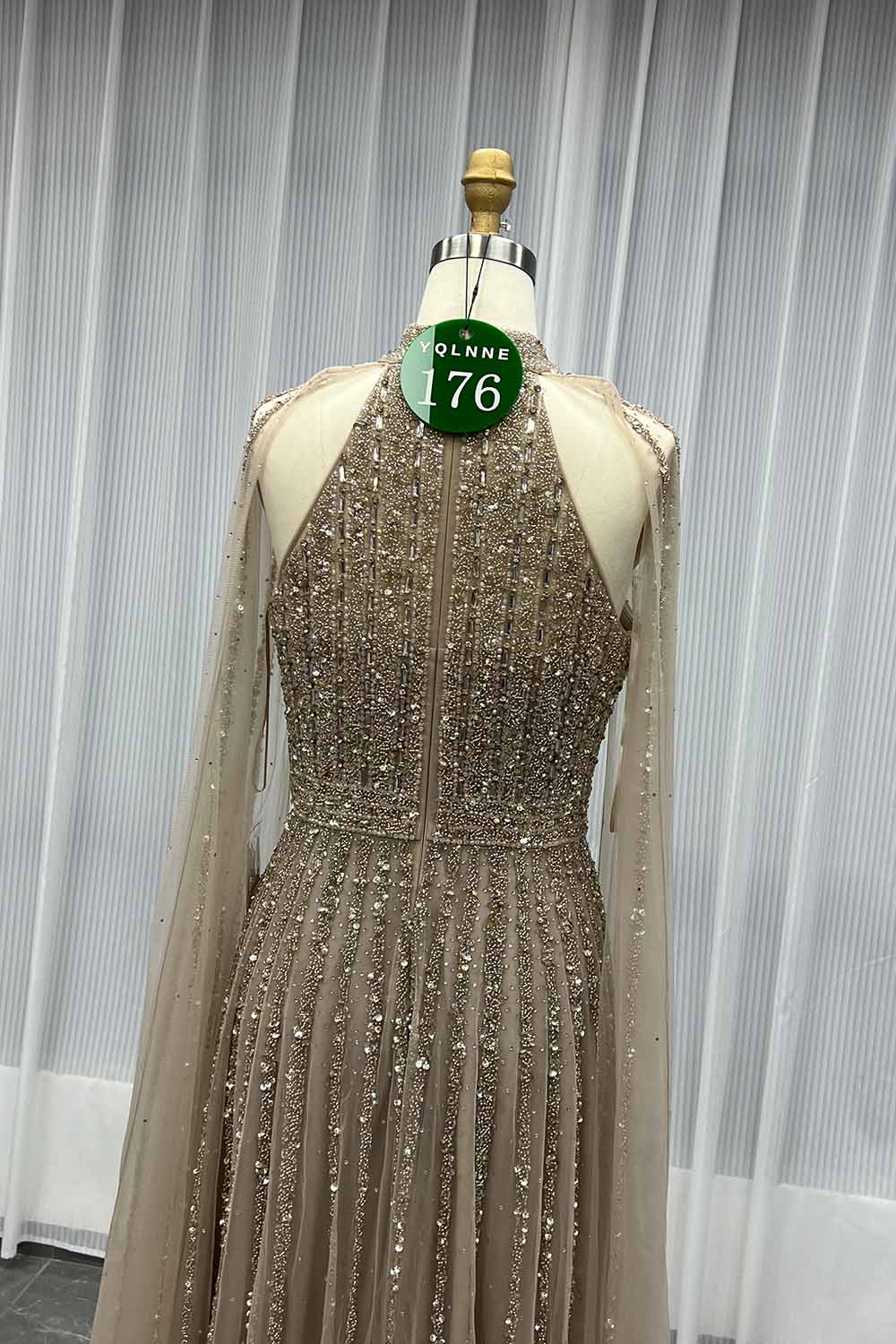 YQLNNE 0176 Sparkly Sage Crystals Evening Dress With Crystals Beaded Cape Sleeves