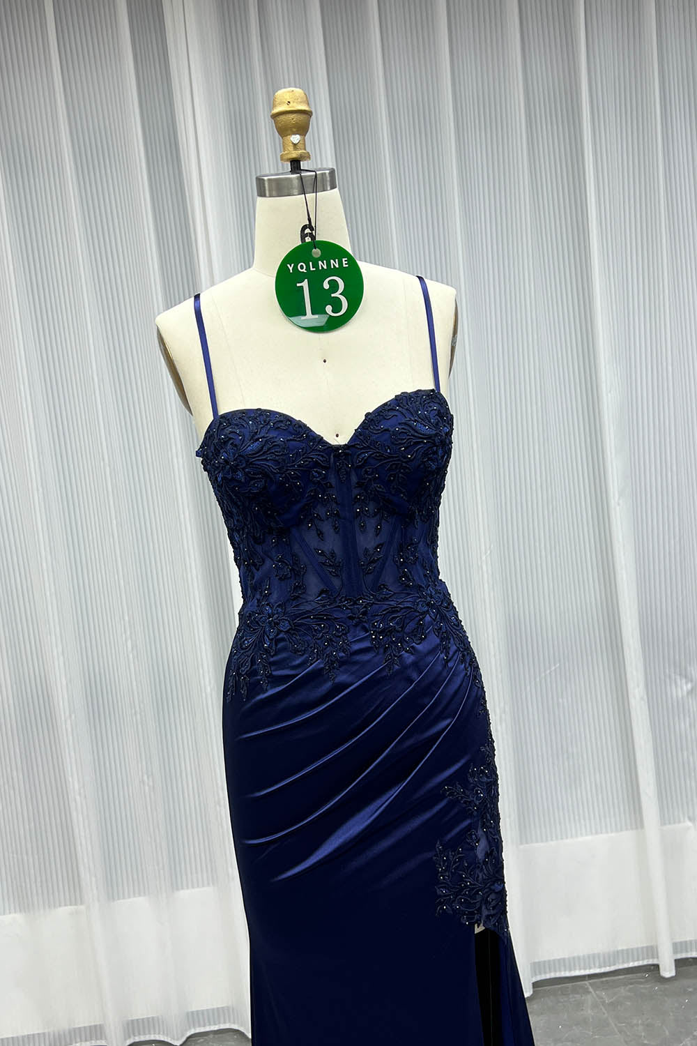 YQLNNE 013 Navy Embroidered Long Slit Prom Dresses