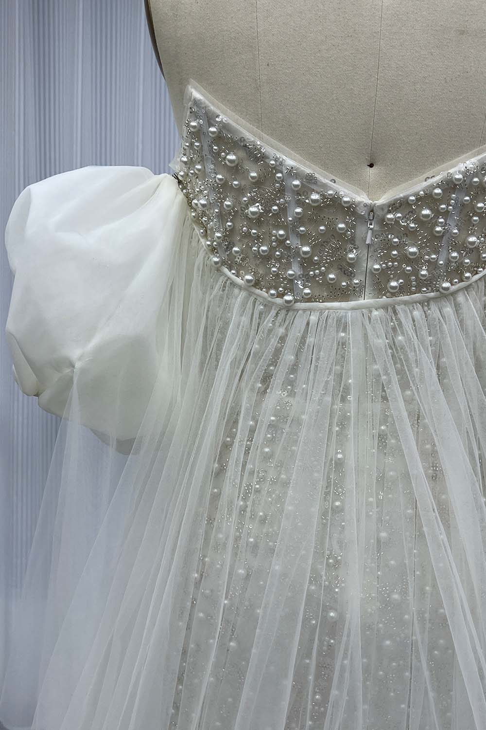 YQLNNE 0134 Black Strapless Beaded Pearls Evening Dress With Removable Sleeves