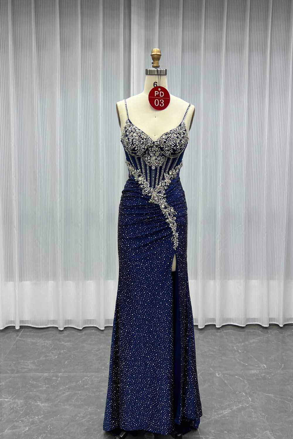 YQLNNE PD03 Navy Crystals Long Prom Dresses Satin Straps