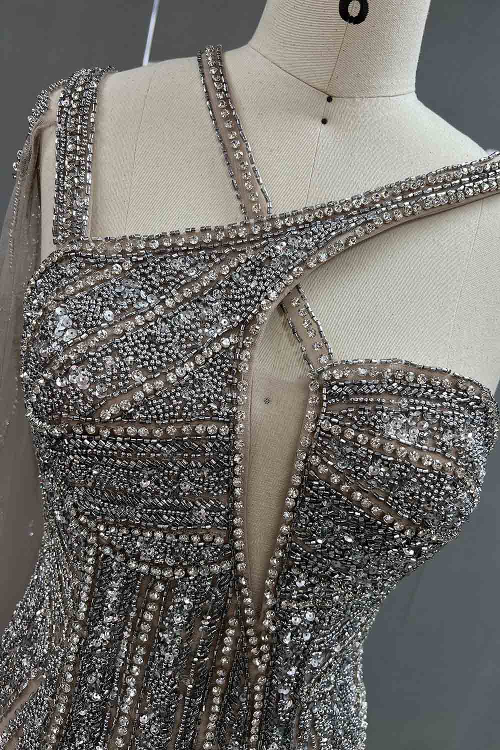 YQLNNE 0139 Luxury Silver Nude Diamonds Evening Gown Pageant Dress
