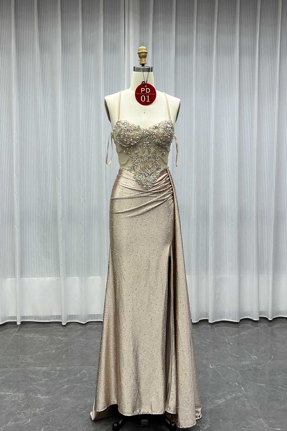YQLNNE PD01 Champagne Straps Crystals Long Prom Dresses Lace-up Back