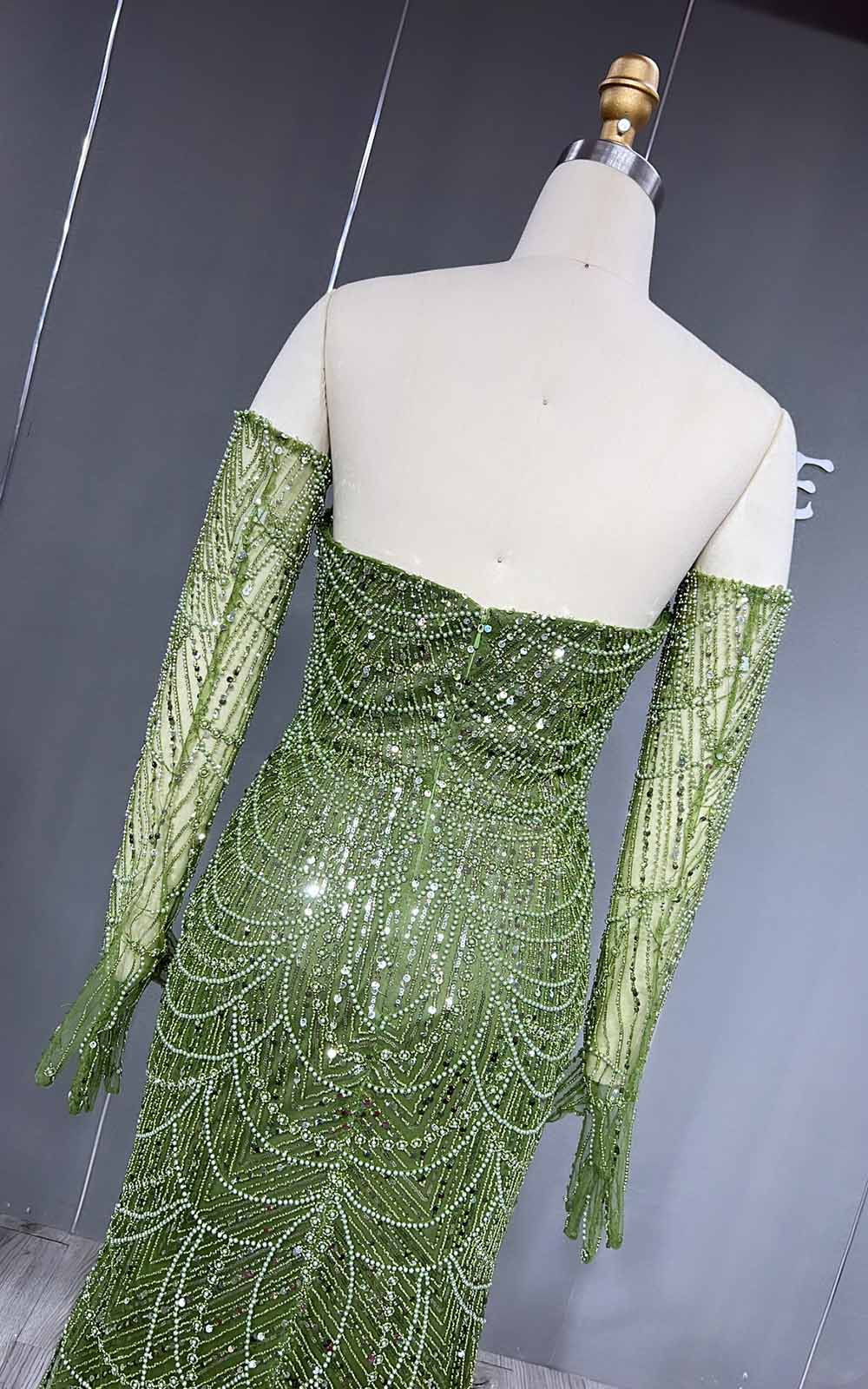 YQLNNE 076 Greenery Beading Evening Dress Mermaid Formal Gown With Gloves