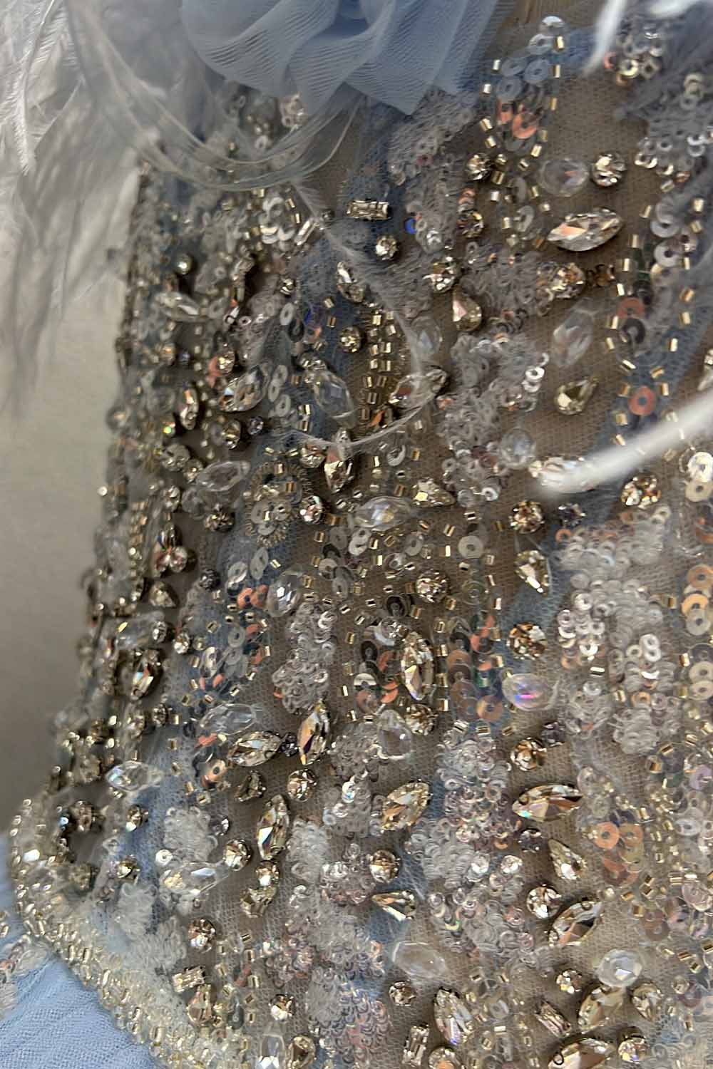 YQLNNE 0124 Blue Feathers Evening Dress Long Handmade Diamonds Formal Gown