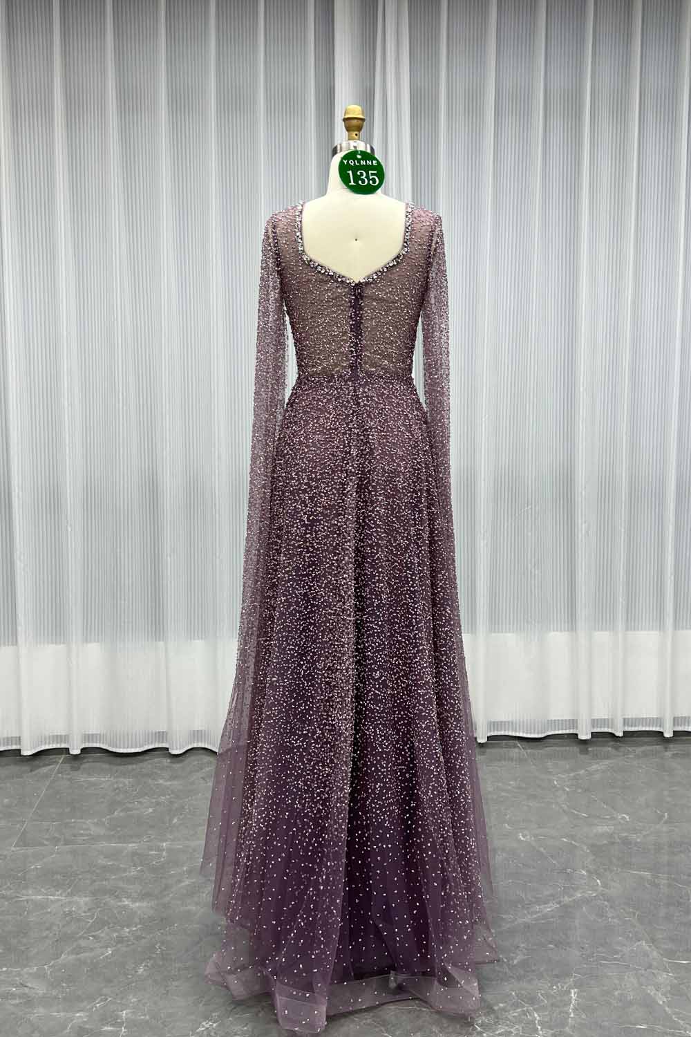 YQLNNE 0135 Sparkly Silver Crystals Evening Dresses Cape Sleeves Long Aline Formal Women Party Gown