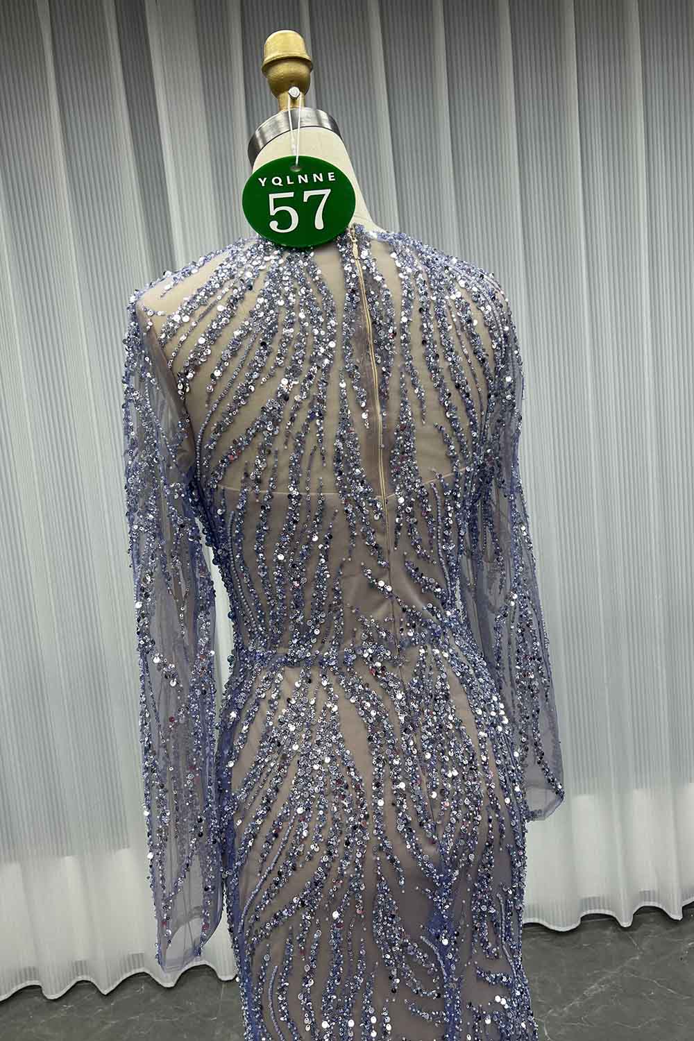 YQLNNE 057 Modest White Pearls Long Sleeves Evening Dress Wedding Party Gown