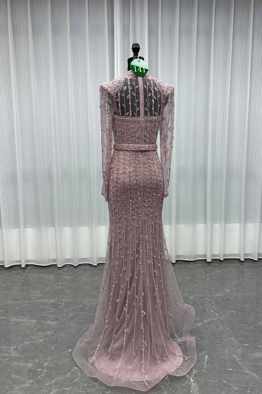 YQLNNE 0141 Modest Pink Full Sleeves Evening Dress Handmade Beaded Pearls Muslim Formal Gown