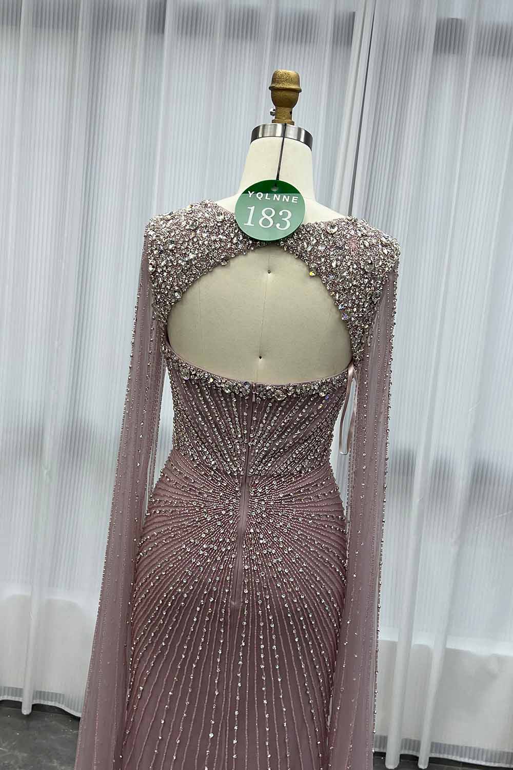 YQLNNE 0183 Luxury Pink Crystals Beaded Evening Dress Long Cape Sleeves