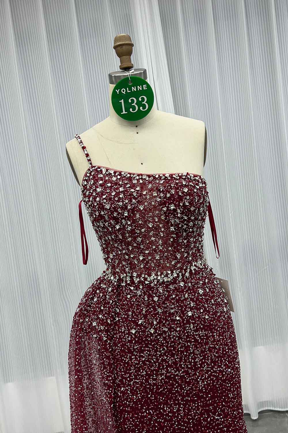 YQLNNE 0133 Rose Gold One Shoulder Crystals Evening Dress With Side Skirt