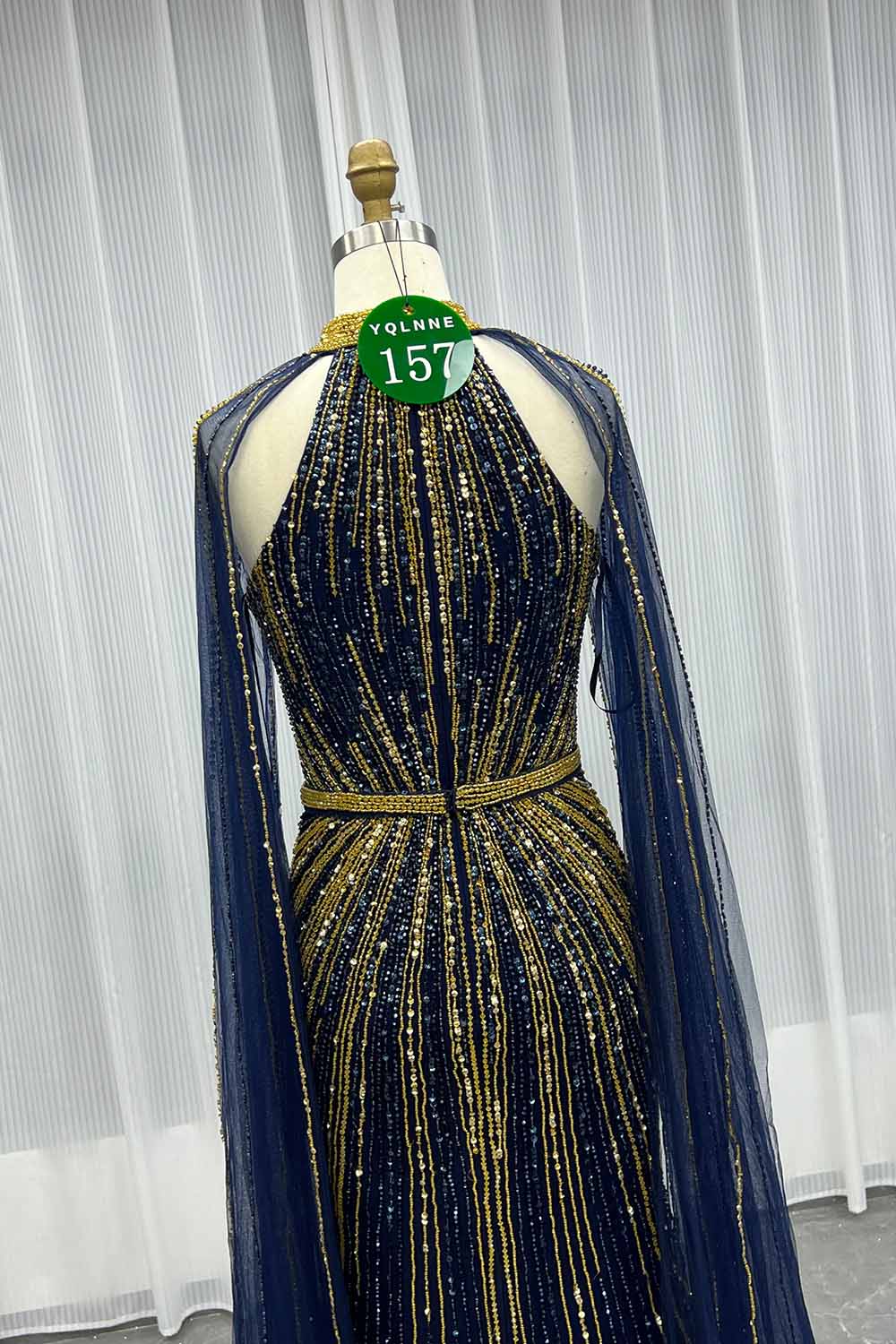 YQLNNE 0157 Navy High Collar Evening Dress With Handmade Crystals Beaded