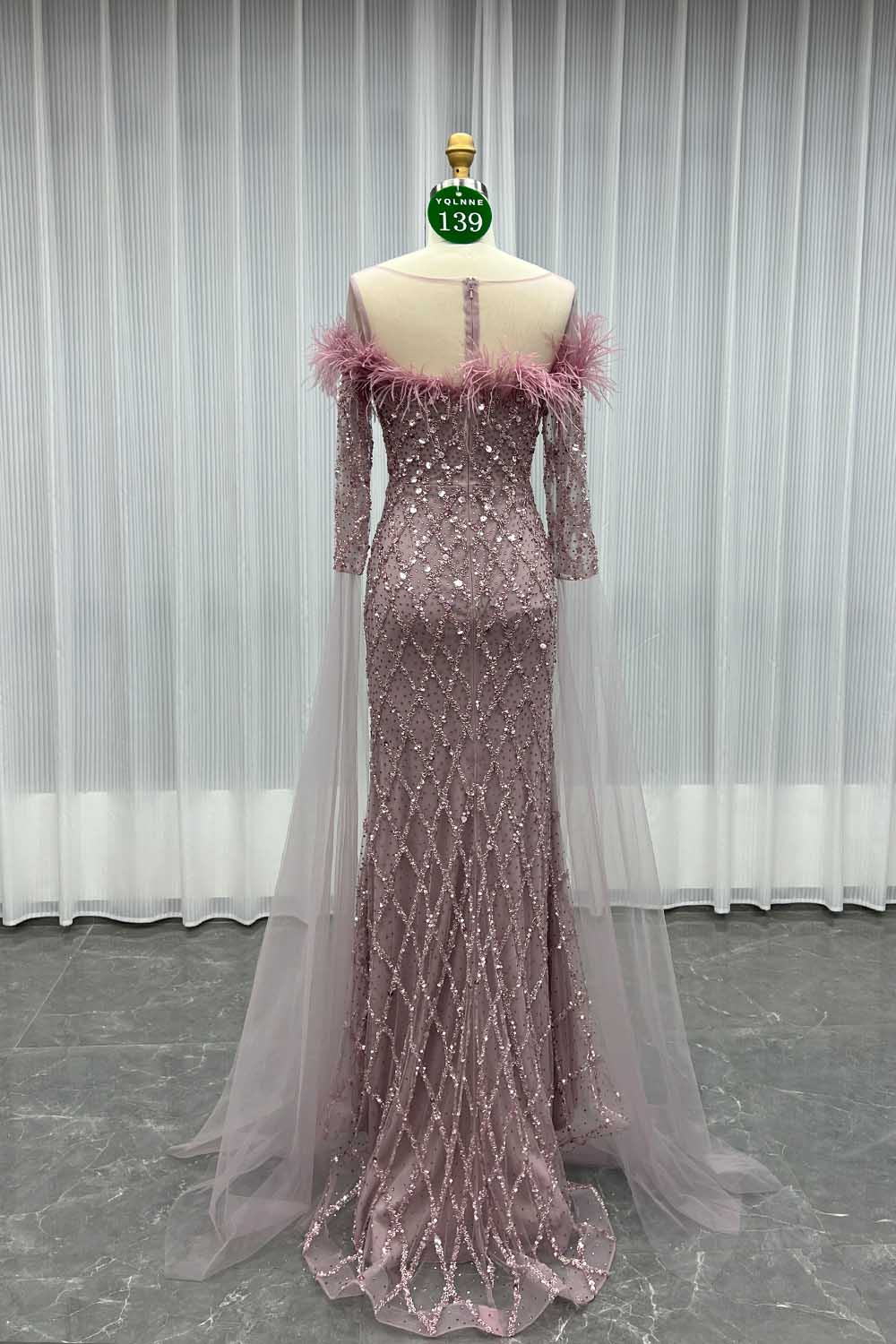 YQLNNE 0139 Nude Feathers Beaded Evening Dress With Sleeves