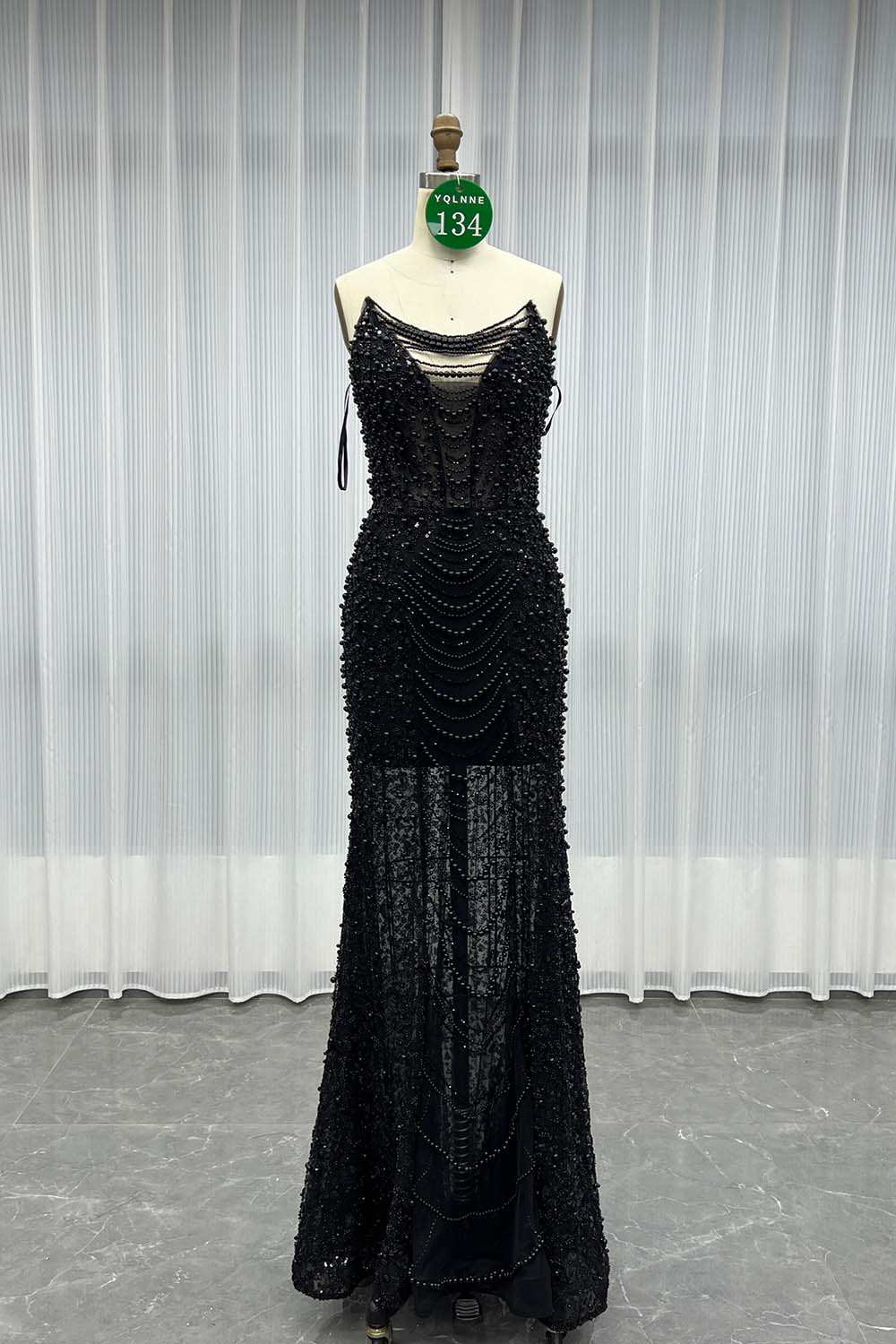 YQLNNE 0134 Black Strapless Beaded Pearls Evening Dress With Removable Sleeves