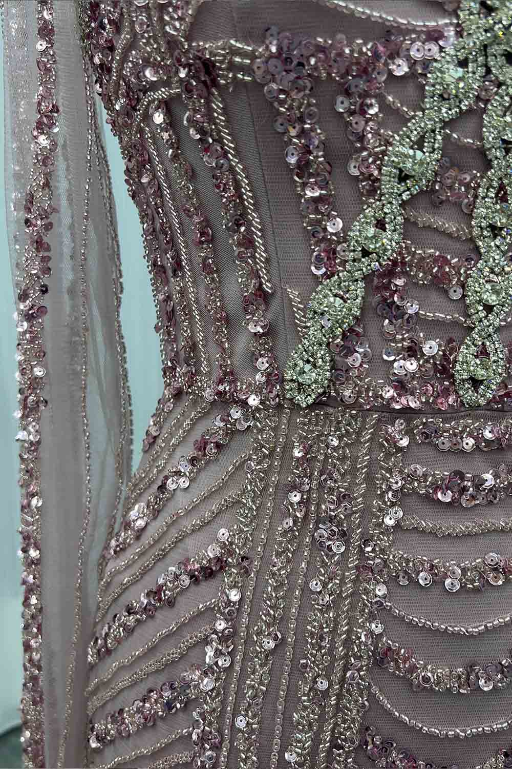 YQLNNE 0138 Pink Long Sleeves Evening Dress Handmade Heavy Crystals Beaded