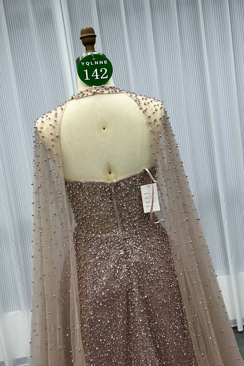 YQLNNE 0142 Rose Gold Ball Gown Evening Dress With Removable Cape Handmade Crystals Beaded