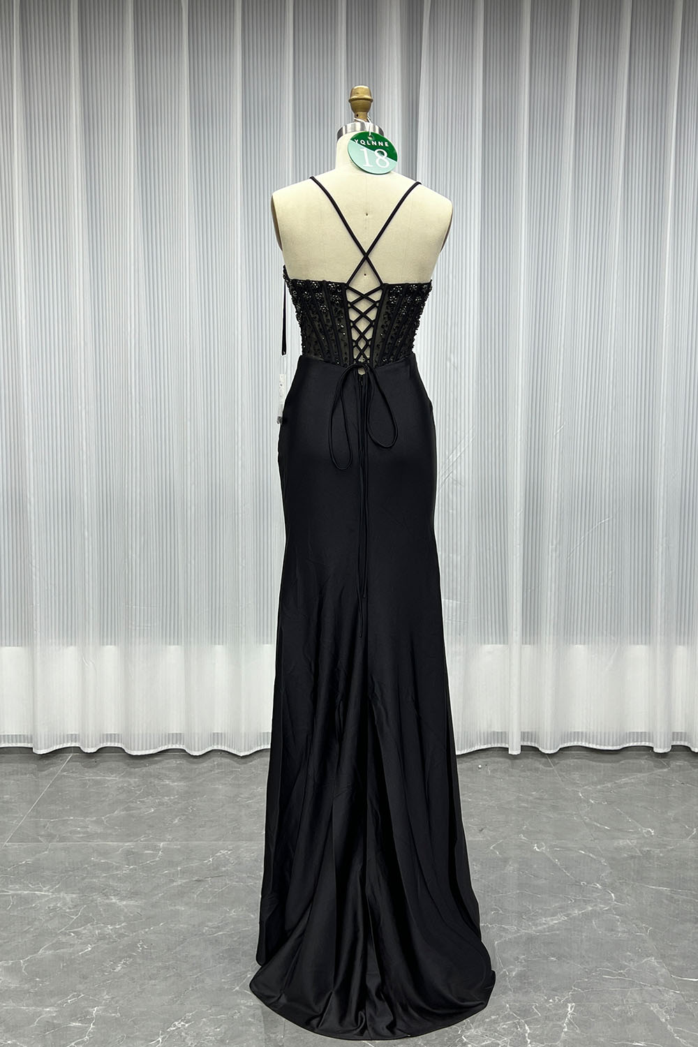 YQLNNE 018 Black Crystals Slit Prom Dresses Long Satin Evening Gown Lace-up