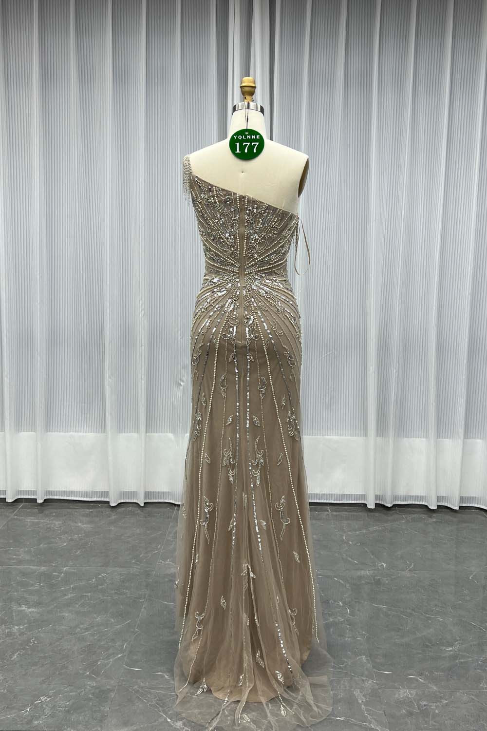 YQLNNE 0177 Blue One Shoulder Slit Evening Dress Handmade Crystals Beaded