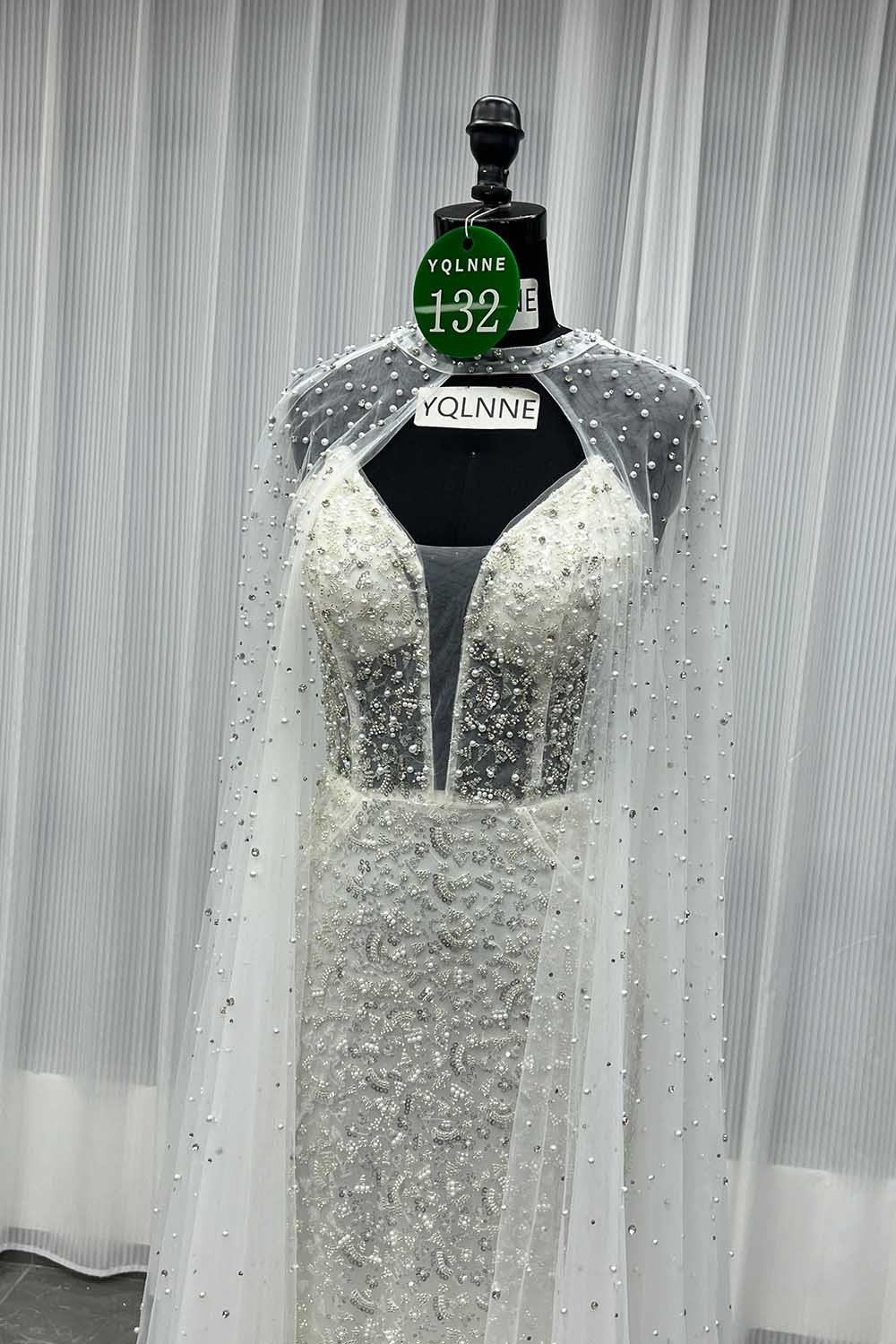 YQLNNE 0132 Black Strapless Beaded Evening Dress With Removable Shawl