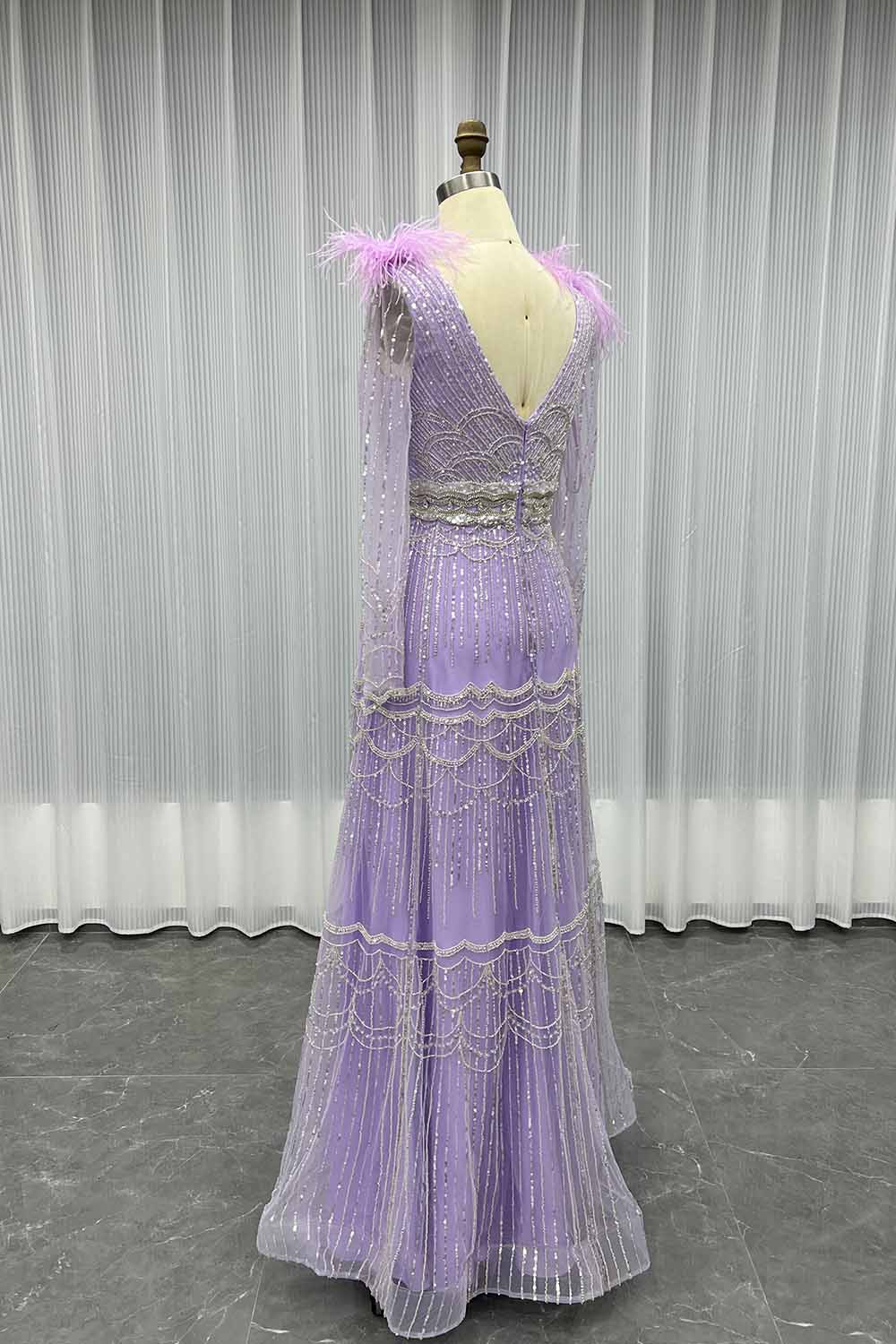 YQLNNE 17007 Muslim Feathers Evening Dress Long Sleeve Women Party Gown