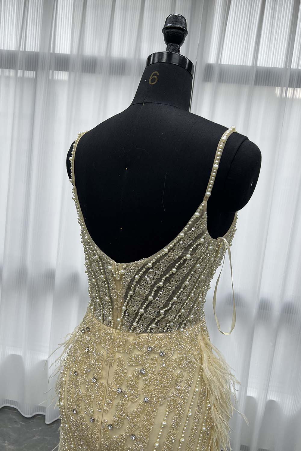 YQLNNE 030 White Feathers Crystals Evening Dress Tea-Length Beaded Gown