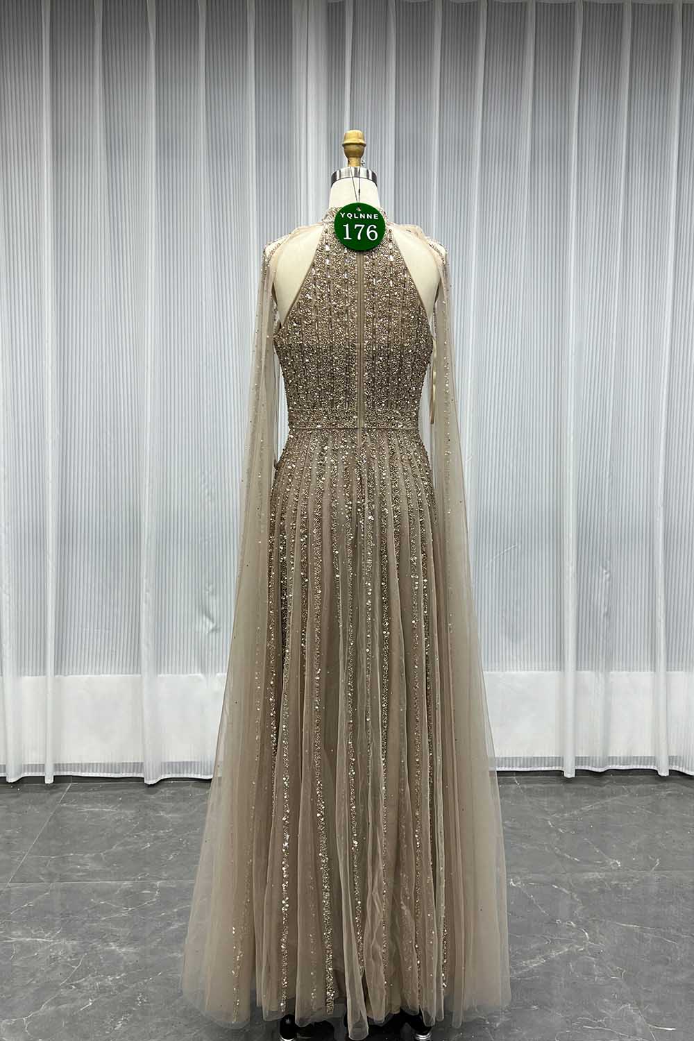 YQLNNE 0176 Sparkly Sage Crystals Evening Dress With Crystals Beaded Cape Sleeves