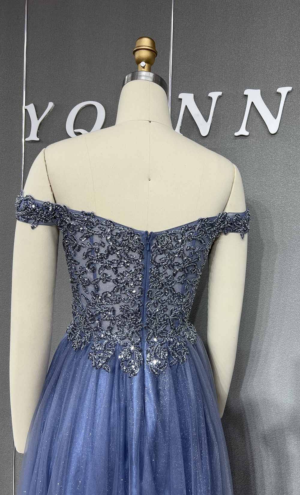 YQLNNE 101 Navy Blue Beading Long Prom Dress Off the Shoulder Party Gown
