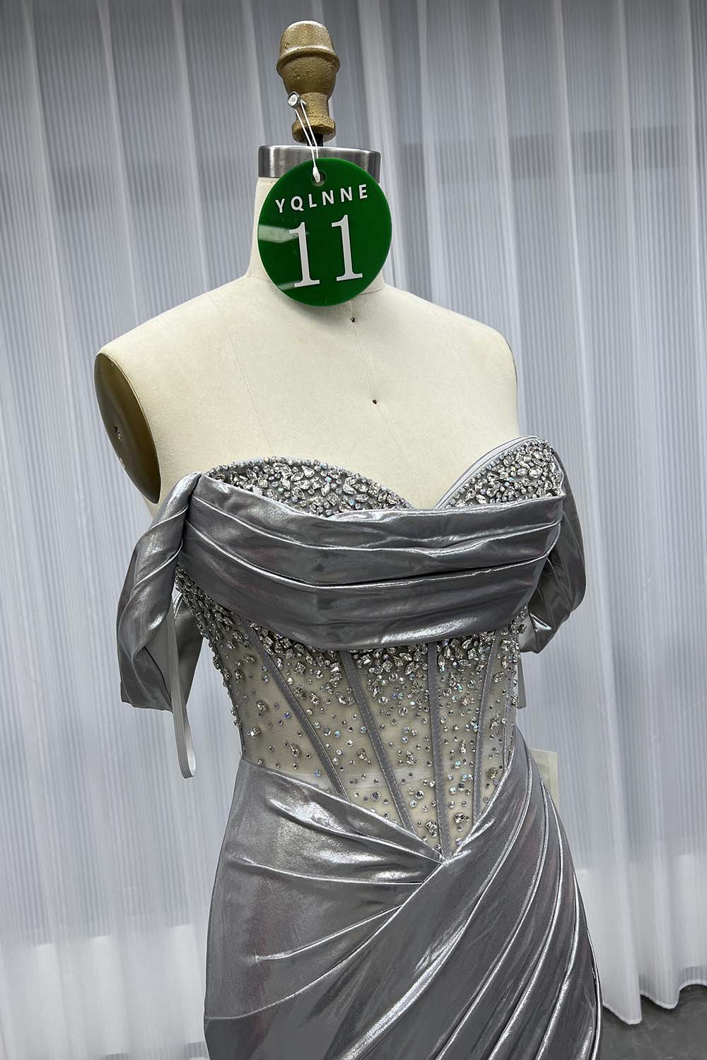 YQLNNE 011 Gold Off the Shoulder Crystals Prom Dresses Long Mermaid Party Gown
