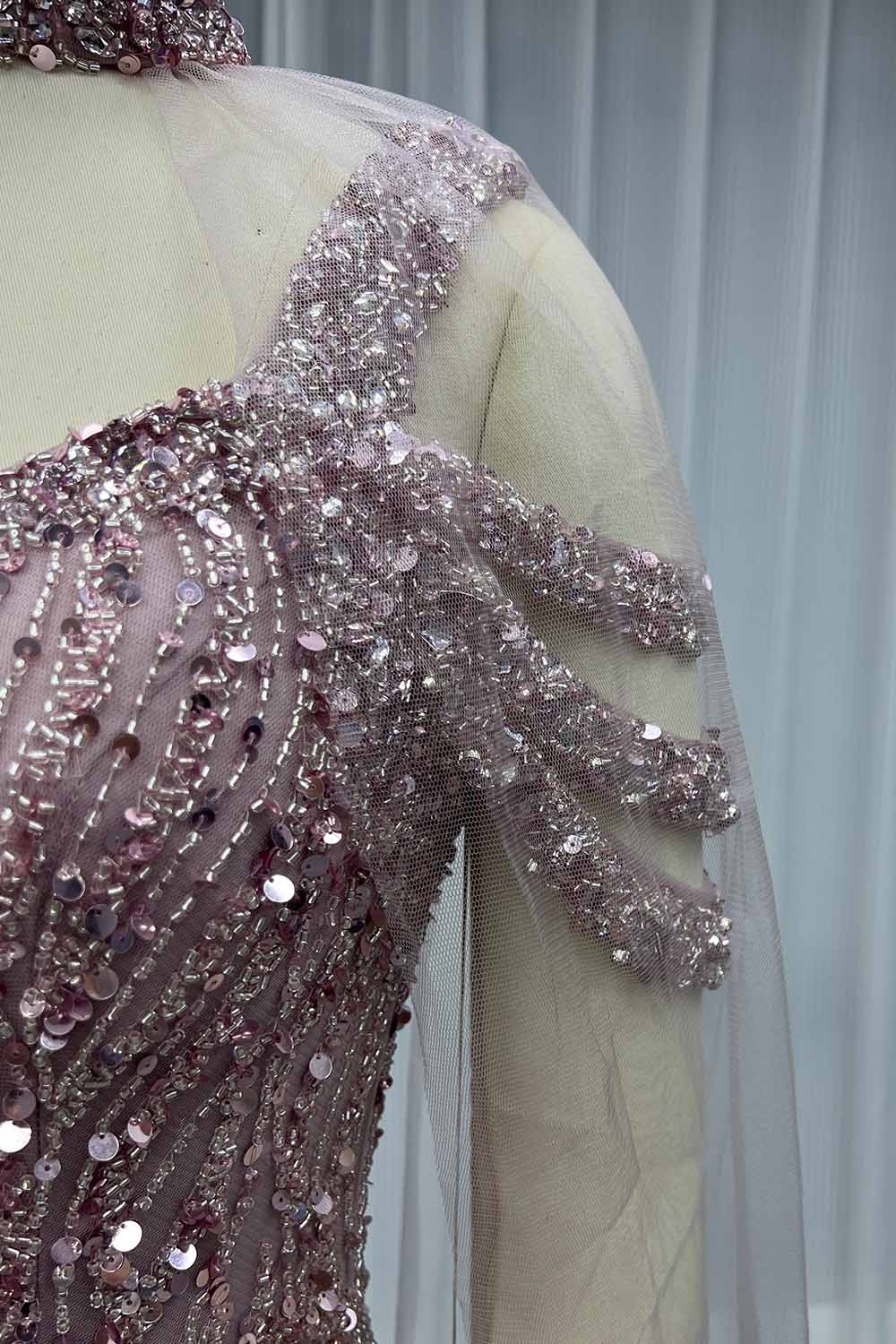 YQLNNE 0140 Nude Off Shoulder Crystals Beaded Evening Dress With Removable Shawl