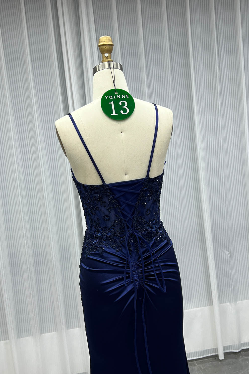 YQLNNE 013 Navy Embroidered Long Slit Prom Dresses