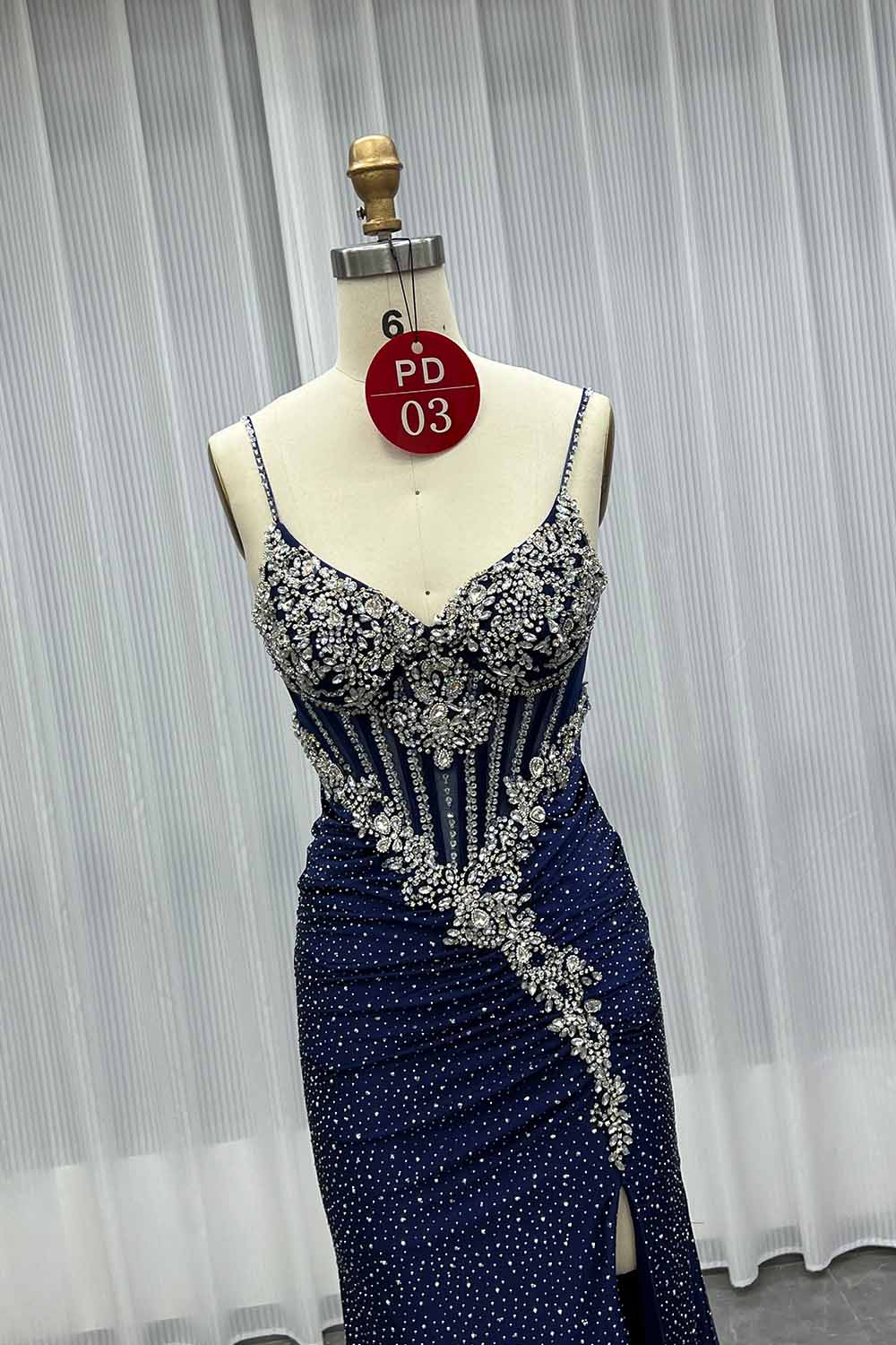YQLNNE PD03 Navy Crystals Long Prom Dresses Satin Straps