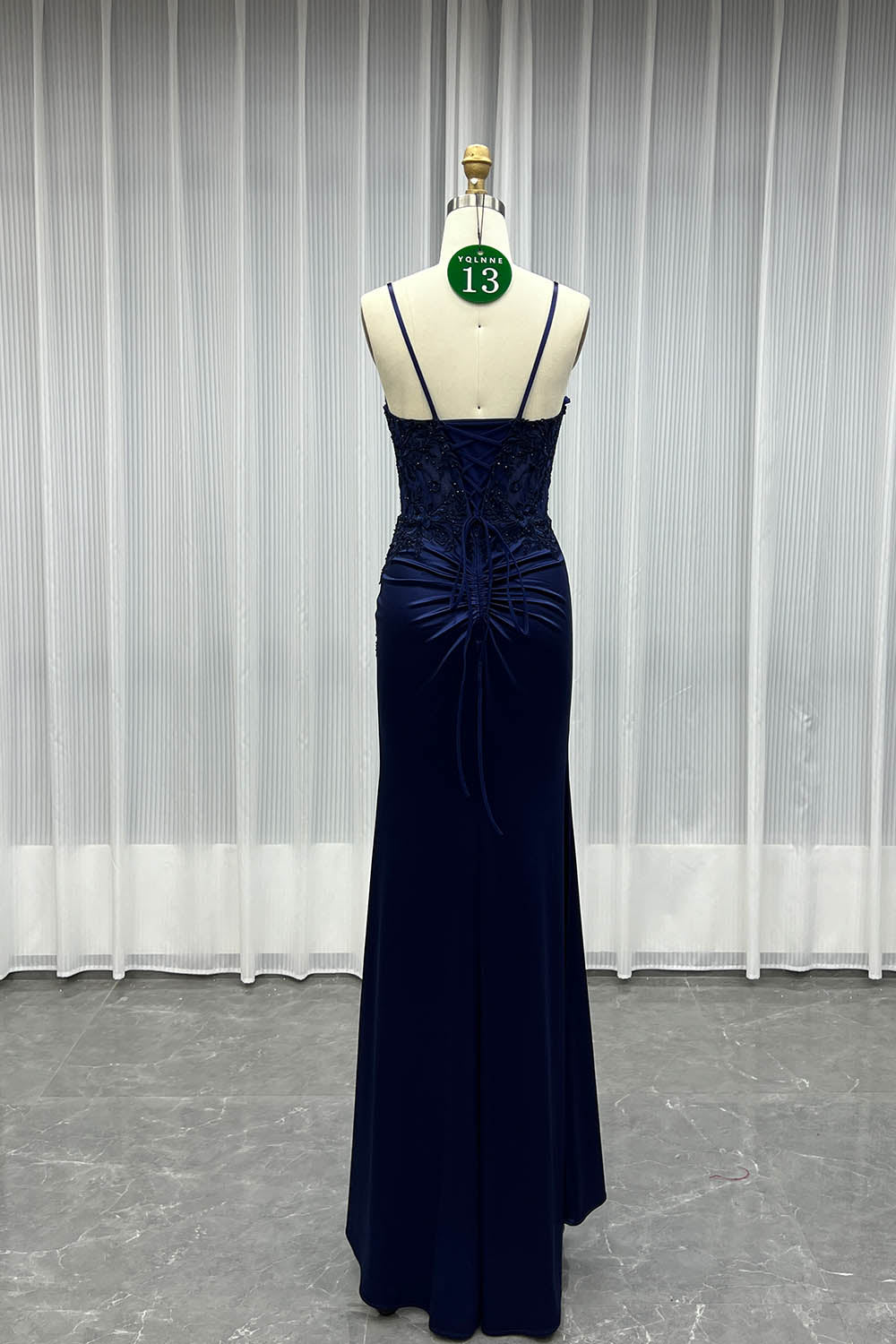 YQLNNE 013 Navy Embroidered Long Slit Prom Dresses