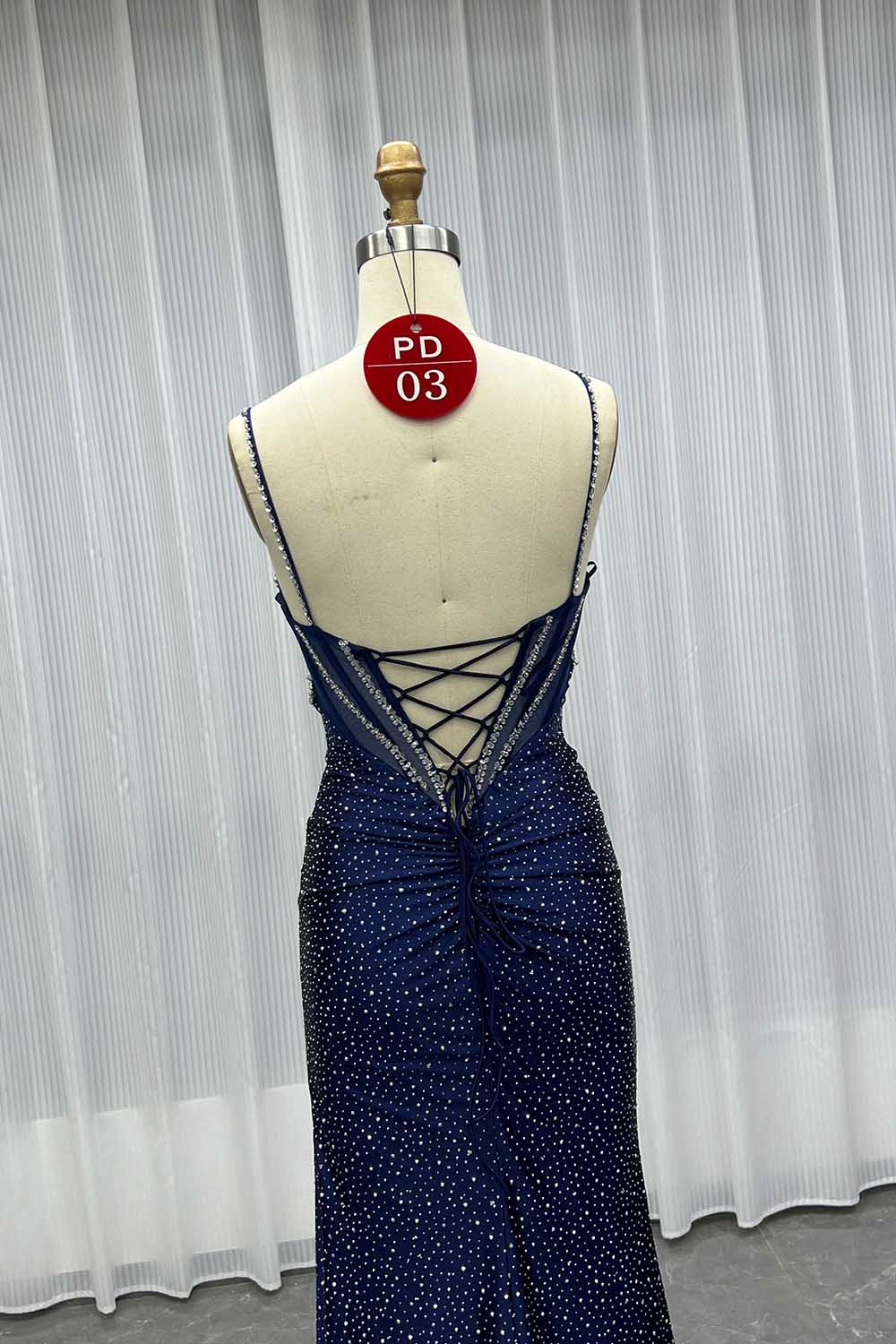 YQLNNE PD03 Navy Crystals Long Prom Dresses Satin Straps
