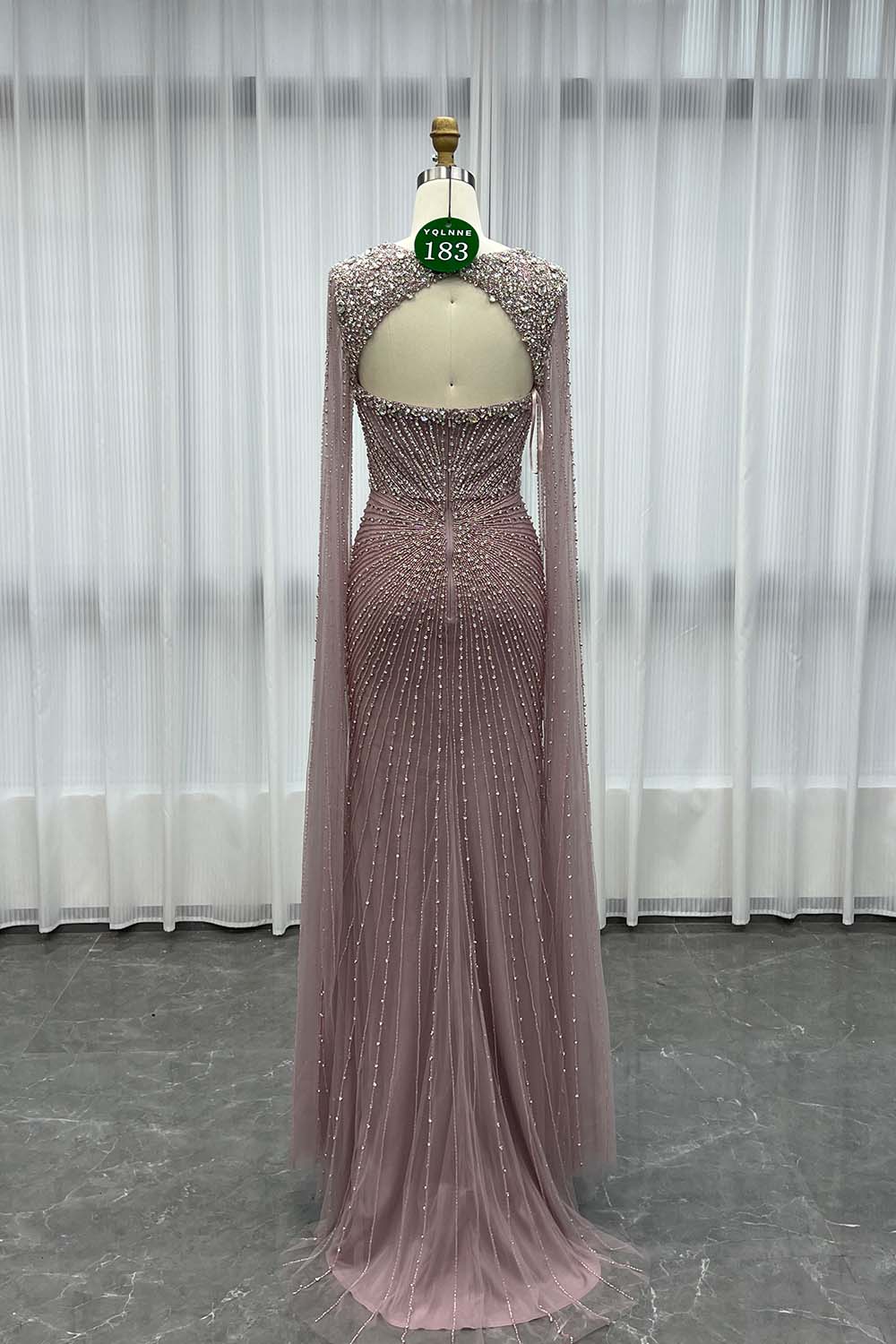 YQLNNE 0183 Luxury Pink Crystals Beaded Evening Dress Long Cape Sleeves