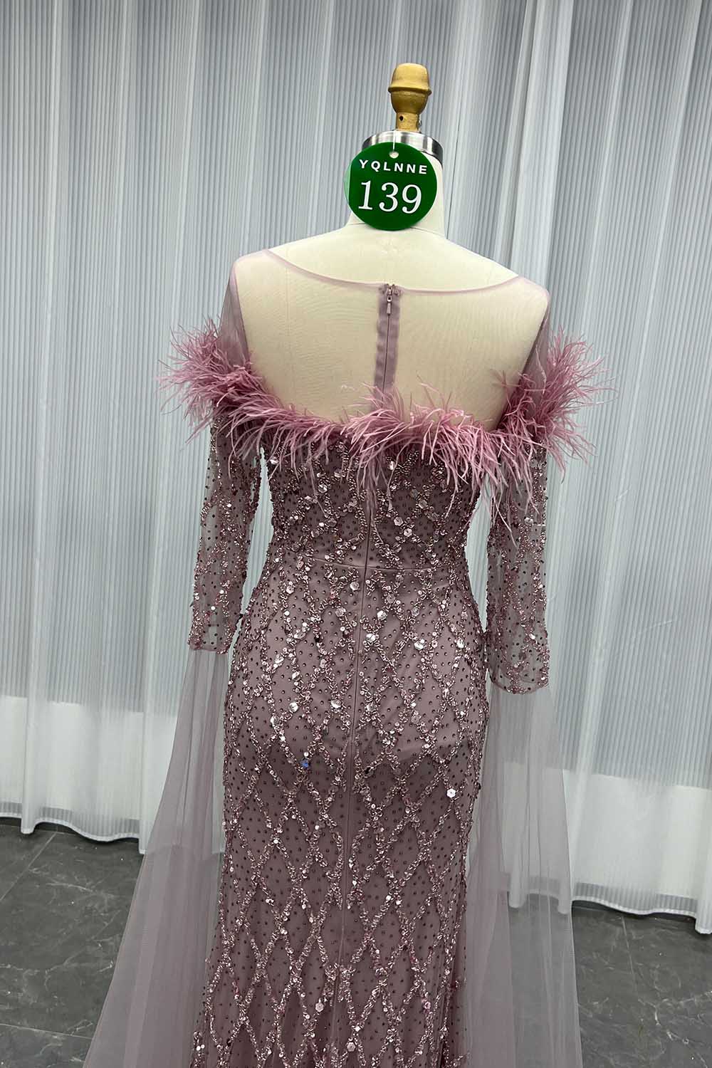 YQLNNE 0139 Nude Feathers Beaded Evening Dress With Sleeves