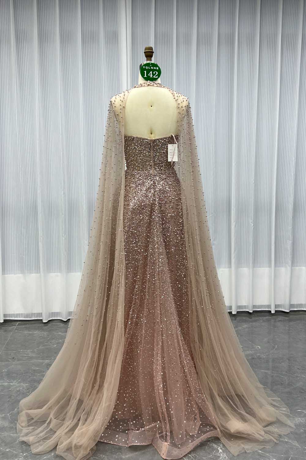 YQLNNE 0142 Rose Gold Ball Gown Evening Dress With Removable Cape Handmade Crystals Beaded