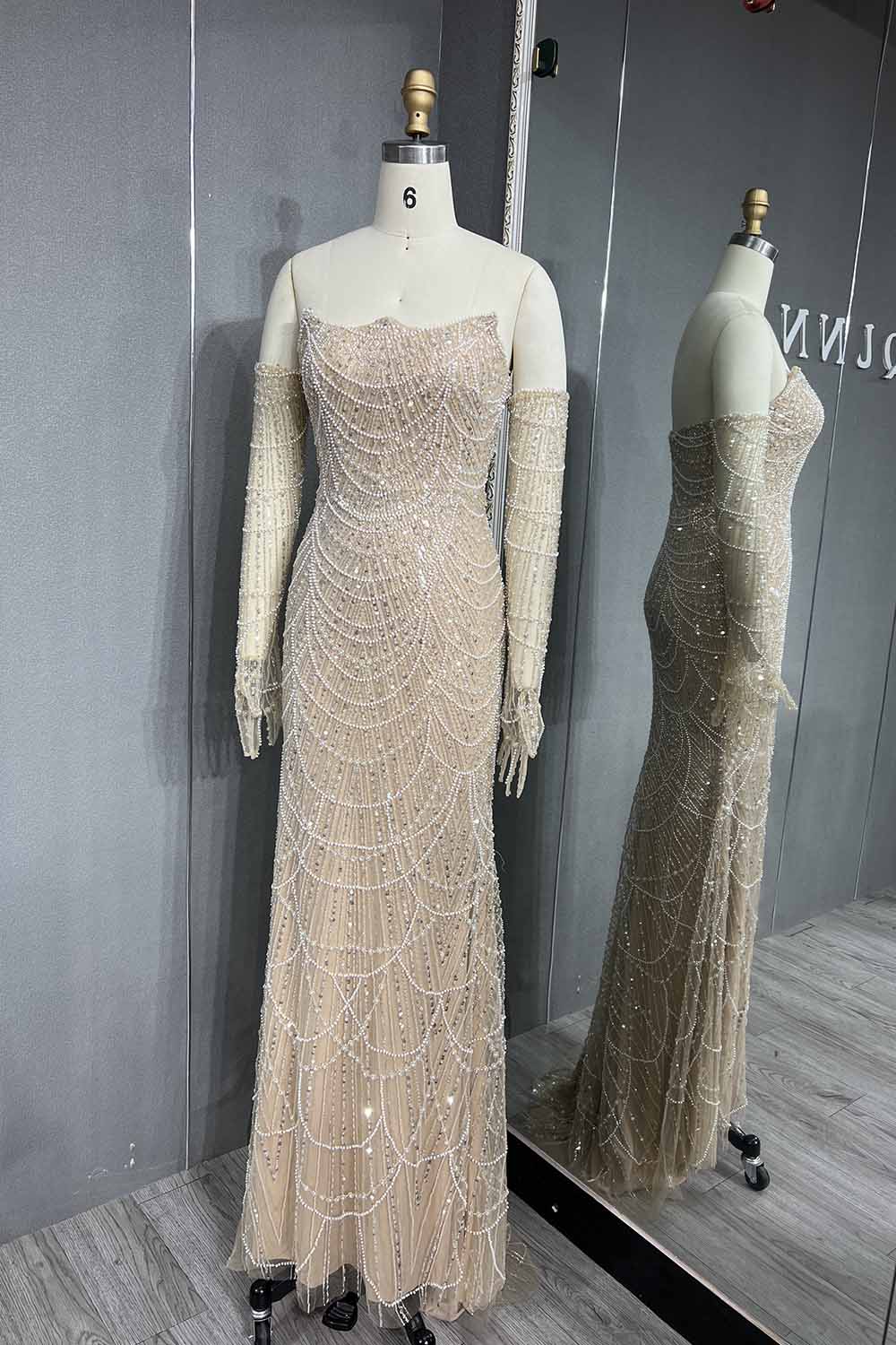 YQLNNE 076 Greenery Beading Evening Dress Mermaid Formal Gown With Gloves