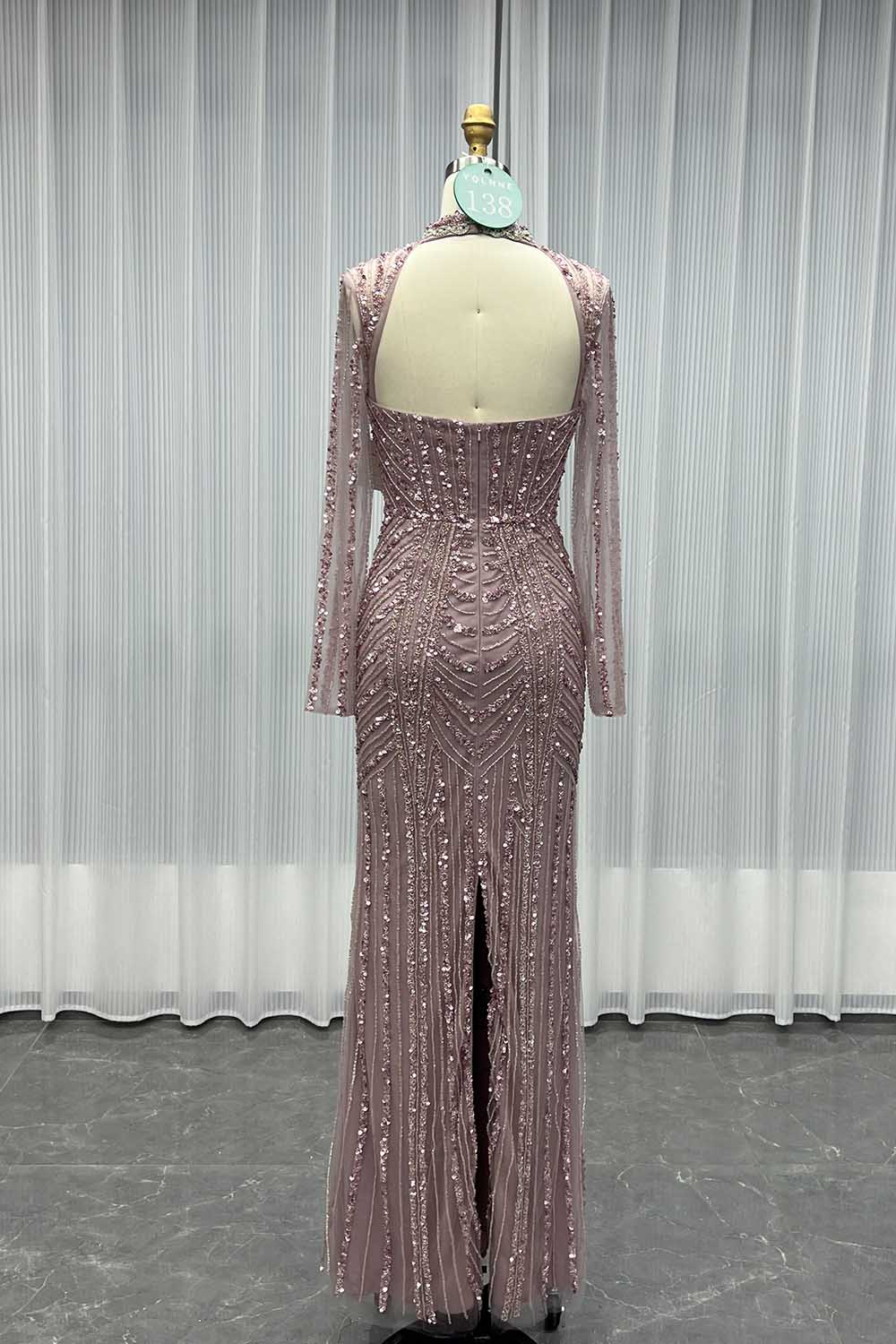 YQLNNE 0138 Pink Long Sleeves Evening Dress Handmade Heavy Crystals Beaded