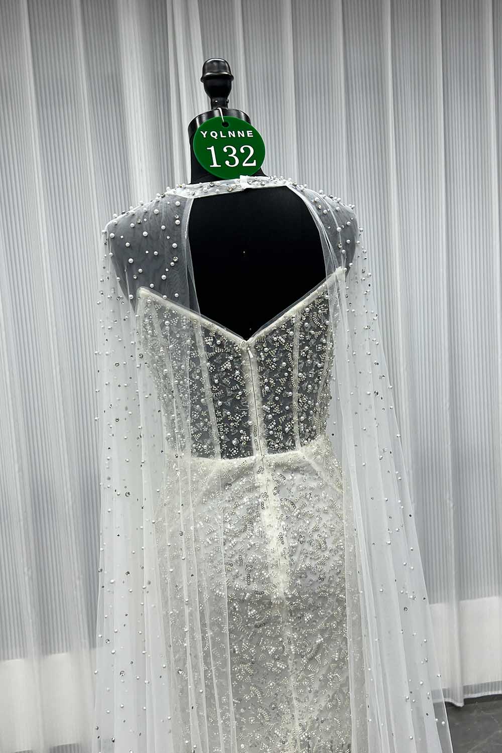 YQLNNE 0132 Black Strapless Beaded Evening Dress With Removable Shawl