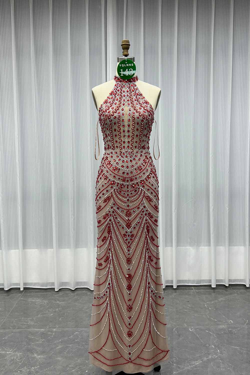 YQLNNE 0143 Red Crystals Beaded Evening Dress Halter Lace-up Back