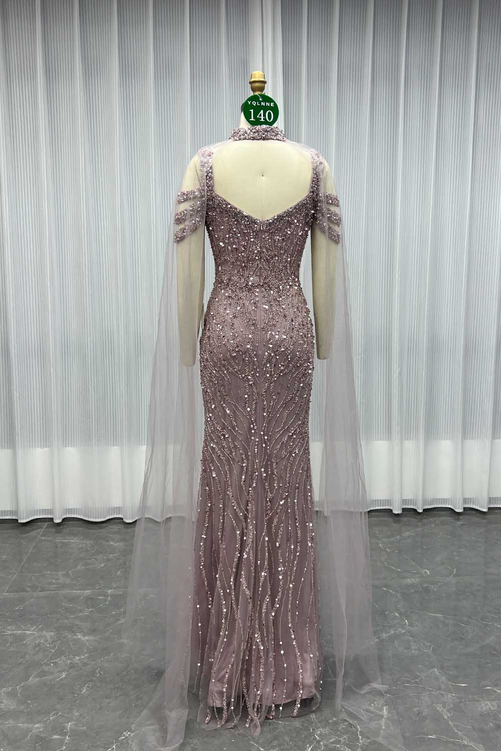 YQLNNE 0140 Nude Off Shoulder Crystals Beaded Evening Dress With Removable Shawl