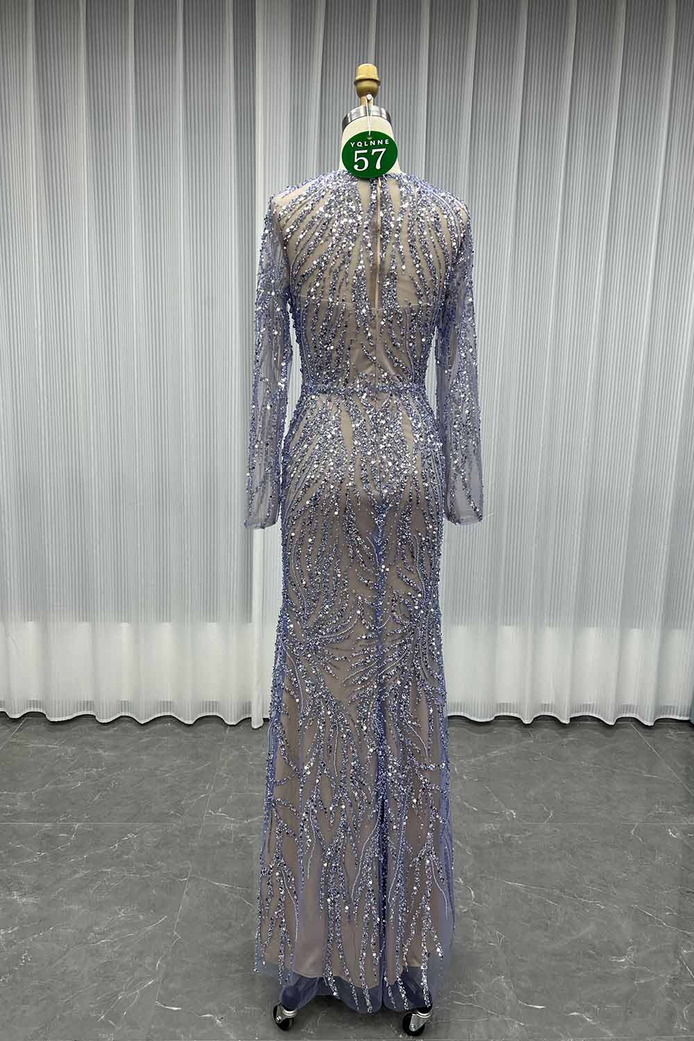 YQLNNE 057 Modest White Pearls Long Sleeves Evening Dress Wedding Party Gown