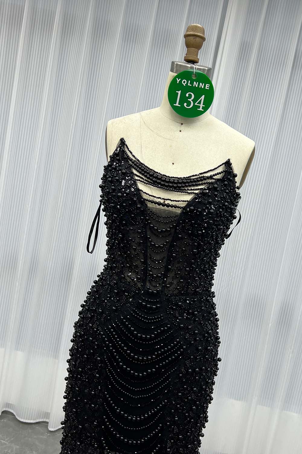 YQLNNE 0134 Black Strapless Beaded Pearls Evening Dress With Removable Sleeves